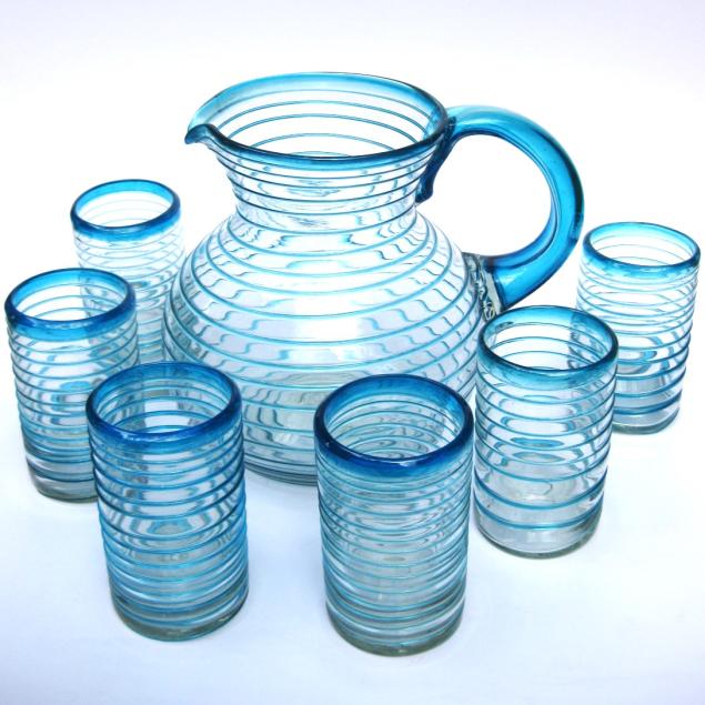 Novedades / Juego de jarra y 6 vasos grandes con espiral azul aqua / Remolinos azul aqua embellecen ste juego, perfecto para servir bebidas refrescantes en un caluroso da de verano.